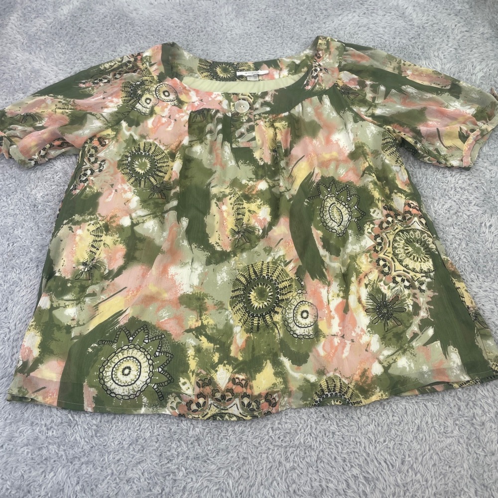 Dressbarn Blouse Womens 1X Green‎ Pink Floral Mandala Short Sleeve Tie Chiffon